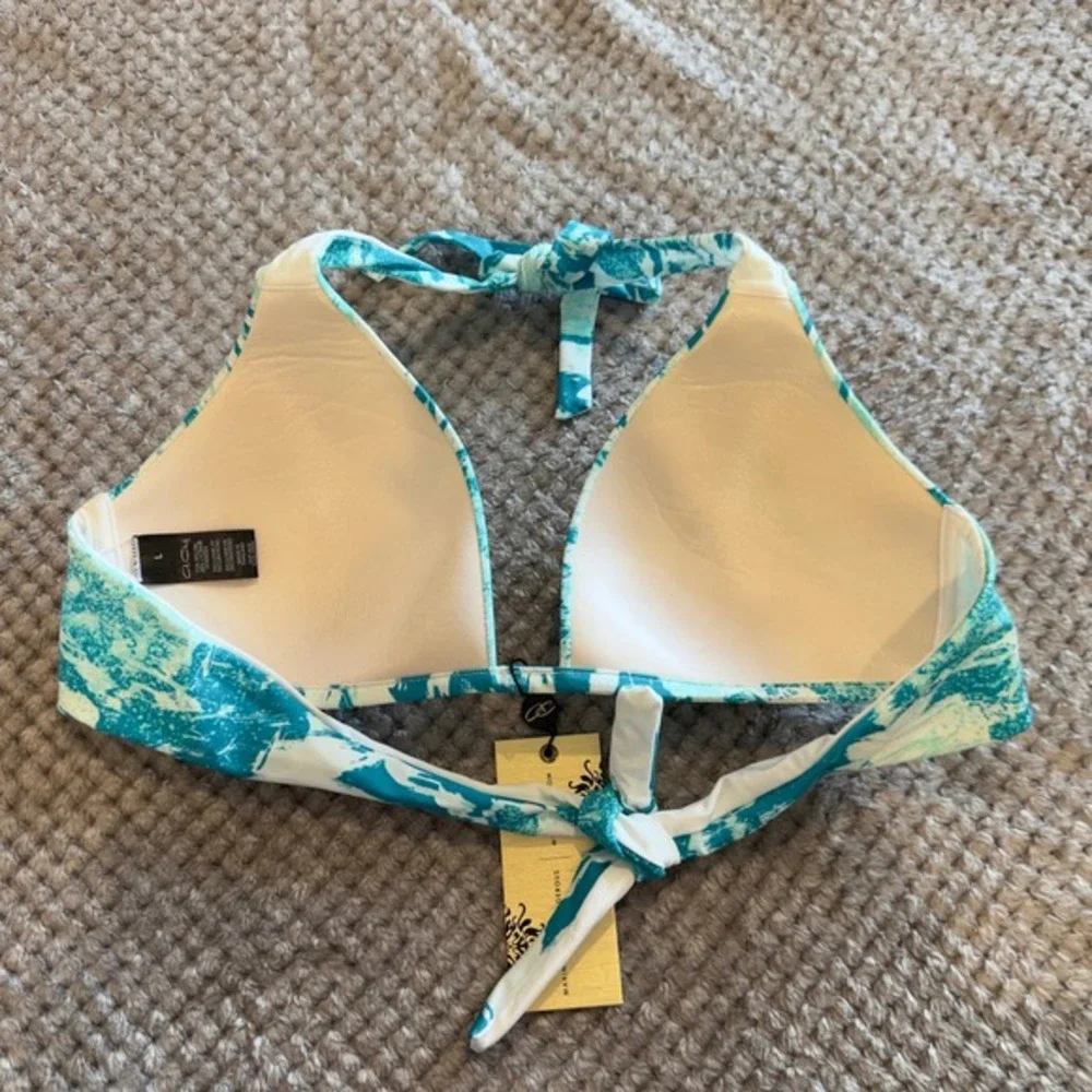A.Che Womens Teal White Abstract Print Halter Bikini Top Size Large NWT