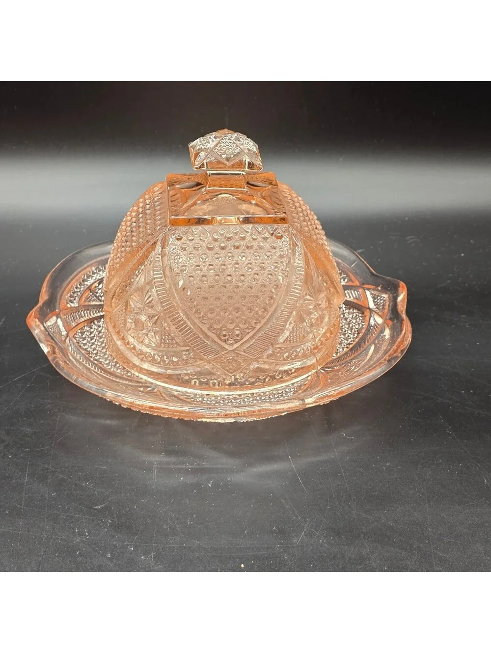 Vintage EAPG Massachusetts Pattern Pink Glass Covered Butter / Cheese Dish